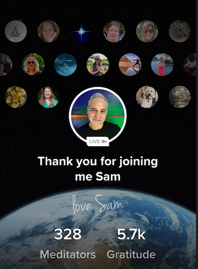 Insight Timer screen showing 328 meditators joining Sam Cutri for a recent live event
